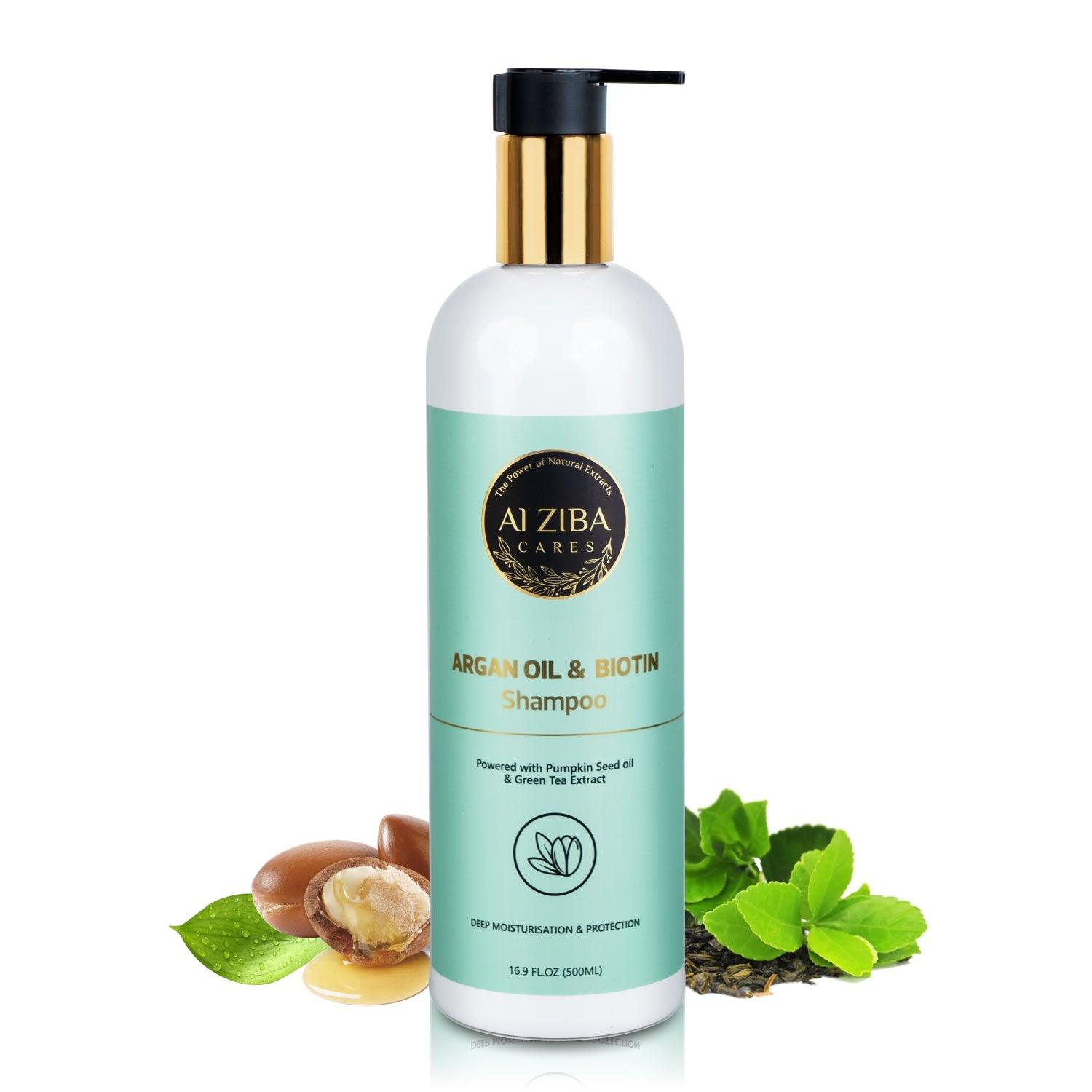 Argan Oil and Biotin Shampoo with Pumpkin Seed oil and Green Tea Extract - Deep Moisturisation and Protection - 500ML - ALZIBA CARES