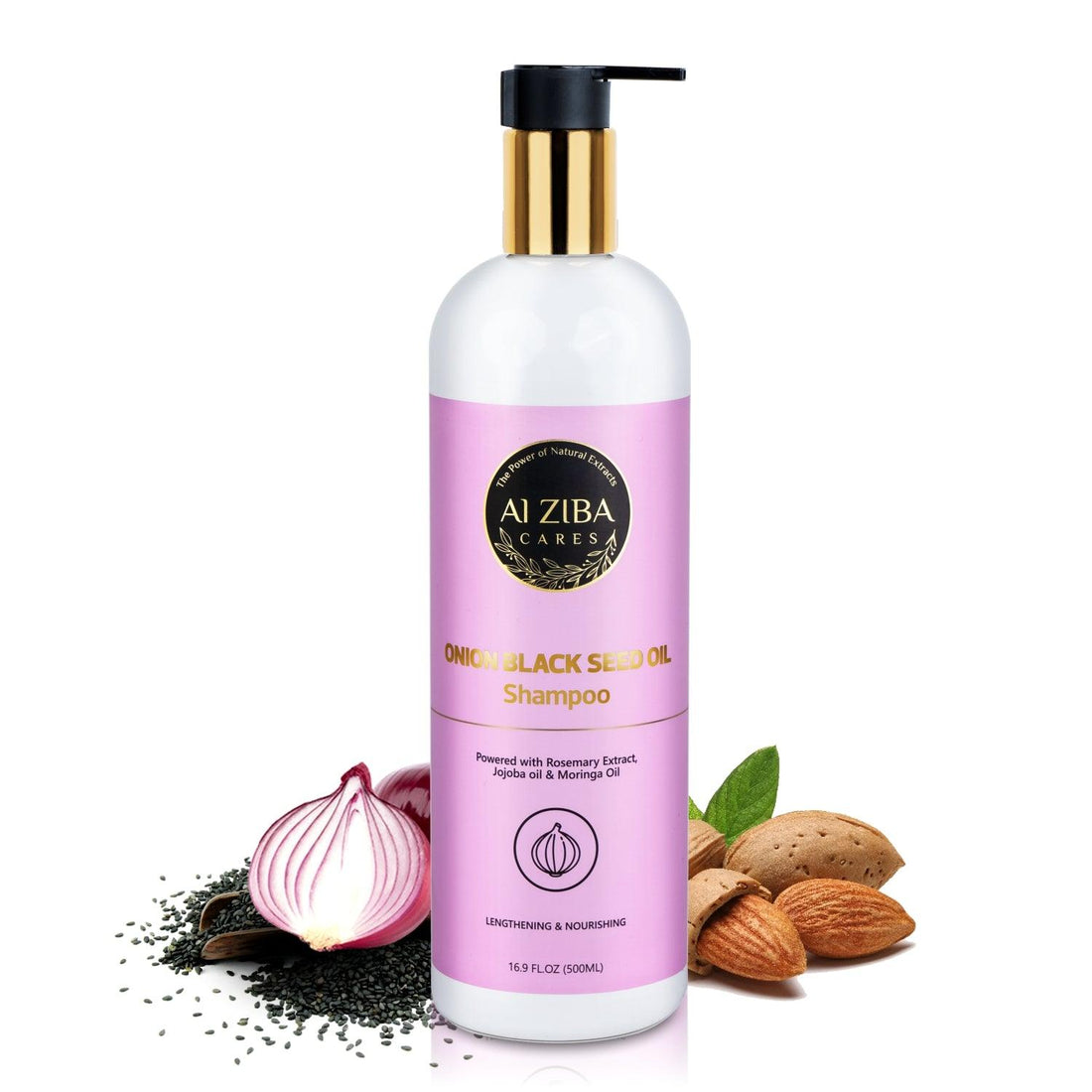 Onion and Black Seed Oil Shampoo with Rosemary Extract, Jojoba oil and Moringa Oil- Lengthening and Nourishing- 500 ML - ALZIBA CARES